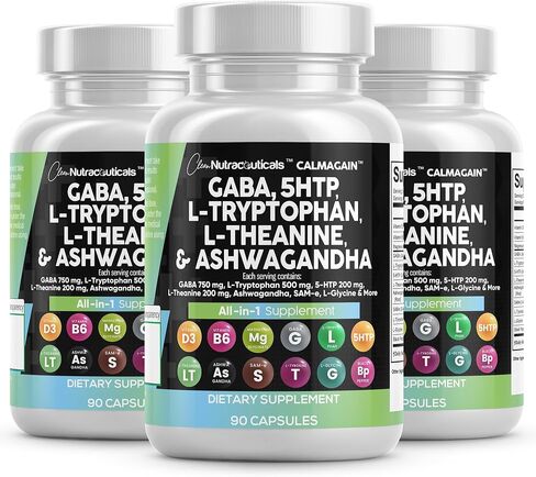 Clean Nutraceuticals GABA 750mg 5 HTP 200mg L Tryptophan 500mg L Theanine 200mg Ashwagandha SAM-e L-Glycine - Mood Support Vitamins for Women and Men with L-Tyrosine (90 Count (Pack of 2)) in Kuwait