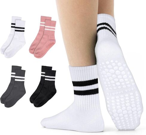 Pilates Socks with Grips for Women, 4 Pairs Grippy Socks, Non Slip Yoga Crew Socks in Kuwait