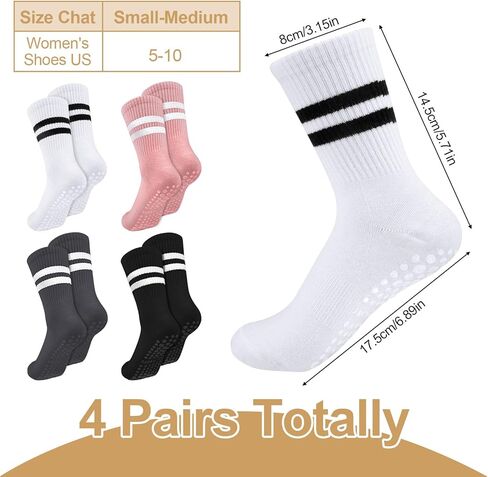 Pilates Socks with Grips for Women, 4 Pairs Grippy Socks, Non Slip Yoga Crew Socks in Kuwait