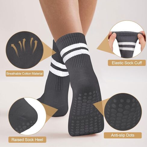 Pilates Socks with Grips for Women, 4 Pairs Grippy Socks, Non Slip Yoga Crew Socks in Kuwait