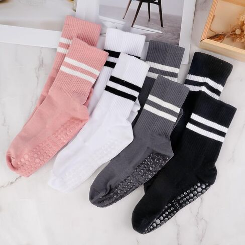 Pilates Socks with Grips for Women, 4 Pairs Grippy Socks, Non Slip Yoga Crew Socks in Kuwait