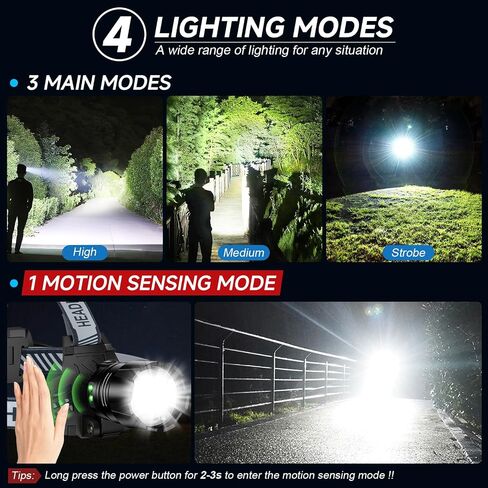 2Pack Headlamp Rechargeable, 99000 LM Super Bright LED Head Lamp with Motion Sensor & 3 Modes, 90° Adjustable Head Lights for Forehead, 20+Hrs Runtime & IPX6 Waterproof HeadLamps for Camping Running in Saudi Arabia