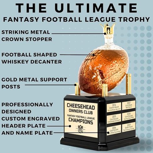 Whiskey Decanter Fantasy Football League Trophy - Customizable FFL Champion Award with Personalized Winner Name Plates - Gold Crown Stopper in Kuwait