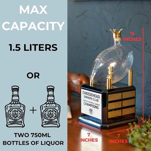 Whiskey Decanter Fantasy Football League Trophy - Customizable FFL Champion Award with Personalized Winner Name Plates - Gold Crown Stopper in Kuwait