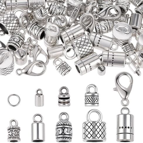 Sunnyclue 1 Box 230pcs tassel cord end caps kumihimo cord نهايات عتيقة التبت الصبفة الفضية في براميل من جلد أنصاف الطرف النهائي مع مشبك جراد البحر لمجوهرات صنع مجموعات الأساور DIY in Saudi Arabia