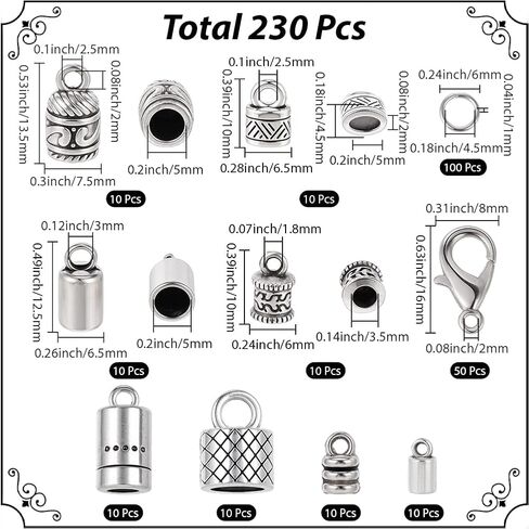 Sunnyclue 1 Box 230pcs tassel cord end caps kumihimo cord نهايات عتيقة التبت الصبفة الفضية في براميل من جلد أنصاف الطرف النهائي مع مشبك جراد البحر لمجوهرات صنع مجموعات الأساور DIY in Saudi Arabia