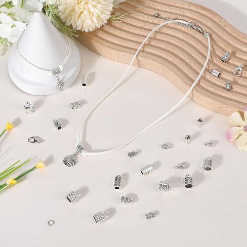 Sunnyclue 1 Box 230pcs tassel cord end caps kumihimo cord نهايات عتيقة التبت الصبفة الفضية في براميل من جلد أنصاف الطرف النهائي مع مشبك جراد البحر لمجوهرات صنع مجموعات الأساور DIY in Saudi Arabia