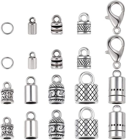 Sunnyclue 1 Box 230pcs tassel cord end caps kumihimo cord نهايات عتيقة التبت الصبفة الفضية في براميل من جلد أنصاف الطرف النهائي مع مشبك جراد البحر لمجوهرات صنع مجموعات الأساور DIY in Saudi Arabia