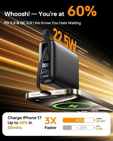 Portable Charger Power Bank 50000mAh ، شاحن الهاتف المحمول PD 22.5W شحن سريع باور بانك مدمج في كابل ، 4 شاشة LED للإخراج لـ iPhone 16 15 14 13 Samsung Android iPad in Saudi Arabia