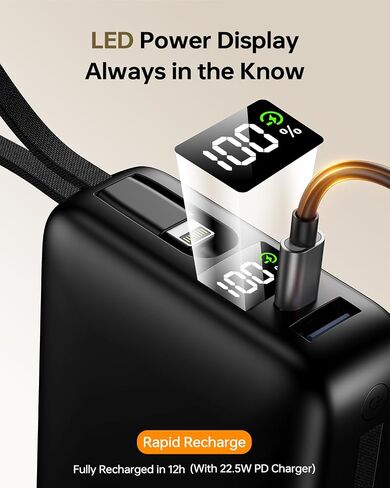 Portable Charger Power Bank 50000mAh ، شاحن الهاتف المحمول PD 22.5W شحن سريع باور بانك مدمج في كابل ، 4 شاشة LED للإخراج لـ iPhone 16 15 14 13 Samsung Android iPad in Saudi Arabia