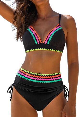 popvil High Waisted Bikini Sets: Neon Swimsuits for Women Tummy Control Two Piece V Neck Drawstring Bathing Suits in Kuwait