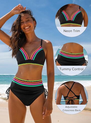 popvil High Waisted Bikini Sets: Neon Swimsuits for Women Tummy Control Two Piece V Neck Drawstring Bathing Suits in Kuwait