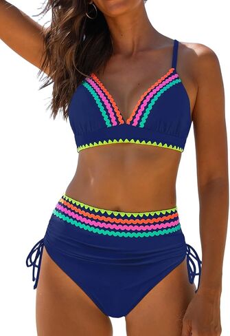 popvil High Waisted Bikini Sets: Neon Swimsuits for Women Tummy Control Two Piece V Neck Drawstring Bathing Suits in Kuwait