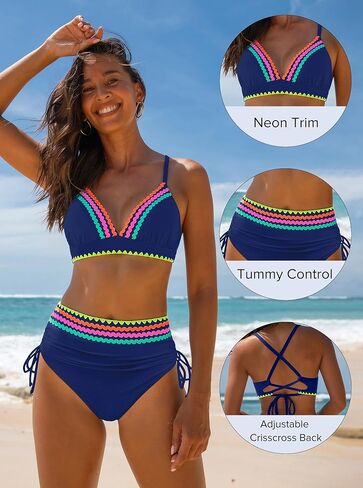 popvil High Waisted Bikini Sets: Neon Swimsuits for Women Tummy Control Two Piece V Neck Drawstring Bathing Suits in Kuwait