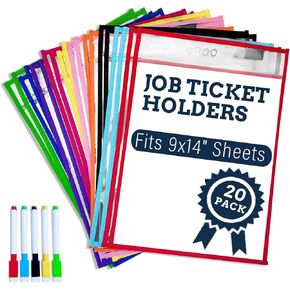 10 ألوان حزمة الجيوب الجافة المحو - أكمام بلاستيكية واضحة قابلة لإعادة الاستخدام وحاملي التذاكر الشاقة مع علامة محو جافة واحدة ، حماة صفائح متينة للفصول الدراسية والمكتب والمحلول in Kuwait