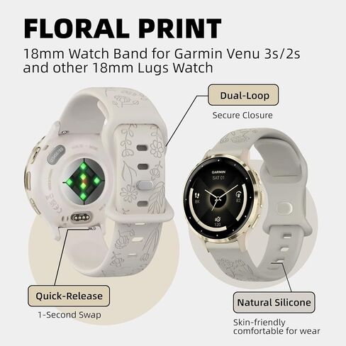 18mm Floral Watch Band for Garmin Venu 3s, Quick Release Silicone Watch Strap for Garmin Venu 2s/Vivoactive 4s (2 Pack,Ivory/Gray) in Kuwait