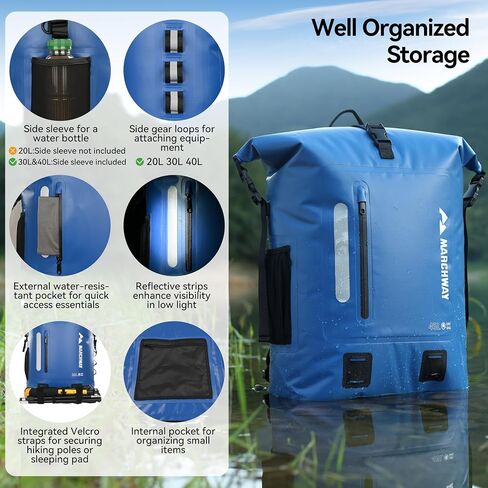 MARCHWAY Roll Top Waterproof Backpack, Floating Dry Bag 20L/30L/45L with Ergonomic Rectangular Base, Cushioned Back, Hip Strap for Hiking Camping Kayaking Travel (Army Green, 45L) in Saudi Arabia