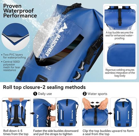 MARCHWAY Roll Top Waterproof Backpack, Floating Dry Bag 20L/30L/45L with Ergonomic Rectangular Base, Cushioned Back, Hip Strap for Hiking Camping Kayaking Travel (Army Green, 45L) in Saudi Arabia