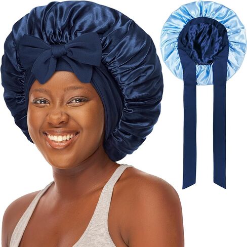 Double Layered Silk Satin Bonnet with Tie for Sleeping Black Women, Wide Band Large Hair Wrap Sleep Cap for Curly Hair Braid in Saudi Arabia