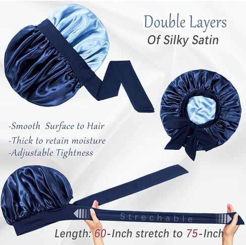 Double Layered Silk Satin Bonnet with Tie for Sleeping Black Women, Wide Band Large Hair Wrap Sleep Cap for Curly Hair Braid in Saudi Arabia