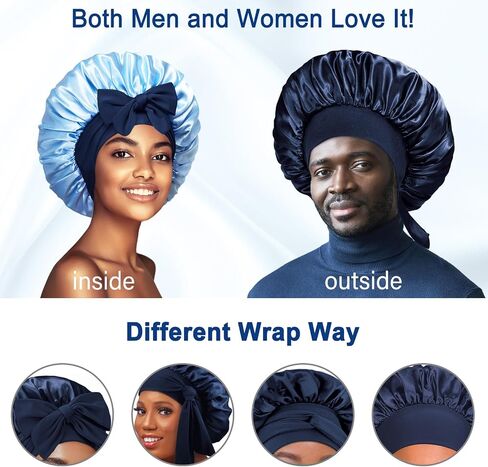 Double Layered Silk Satin Bonnet with Tie for Sleeping Black Women, Wide Band Large Hair Wrap Sleep Cap for Curly Hair Braid in Saudi Arabia