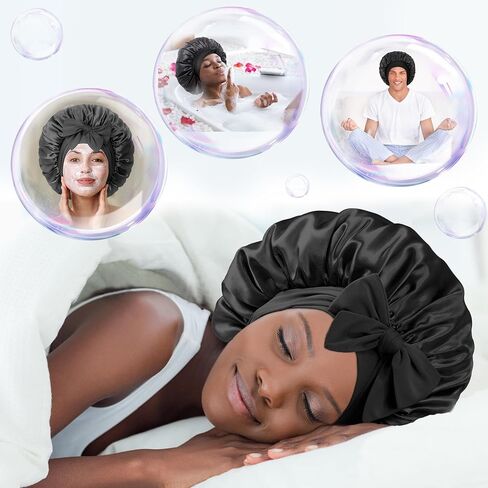Double Layered Silk Satin Bonnet with Tie for Sleeping Black Women, Wide Band Large Hair Wrap Sleep Cap for Curly Hair Braid in Saudi Arabia
