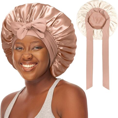 Double Layered Silk Satin Bonnet with Tie for Sleeping Black Women, Wide Band Large Hair Wrap Sleep Cap for Curly Hair Braid in Saudi Arabia