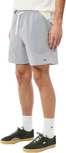 Lacoste Men's Striped Seersucker Swim Trunks, White & Dark Teal, Medium in Kuwait