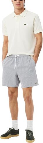 Lacoste Men's Striped Seersucker Swim Trunks, White & Dark Teal, Medium in Kuwait