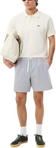 Lacoste Men's Striped Seersucker Swim Trunks, White & Dark Teal, Medium in Kuwait