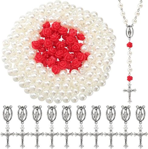 SUNNYCLUE 696Pcs Rosary Making Kits Vintage Crucifix Pendants Easter Cross Link Charms Rosary Crosses Red Pink Rose Bead Imitation Pearl Beads for Jewelry Making Supplies DIY Necklace Bracelets in Saudi Arabia