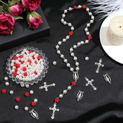 SUNNYCLUE 696Pcs Rosary Making Kits Vintage Crucifix Pendants Easter Cross Link Charms Rosary Crosses Red Pink Rose Bead Imitation Pearl Beads for Jewelry Making Supplies DIY Necklace Bracelets in Saudi Arabia