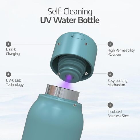 زجاجة UVBRITE ذاتية التنظيف وتنقية المياه بالأشعة فوق البنفسجية TT-B02-18.6 أونصة معزولة وقابلة لإعادة الشحن من الفولاذ المقاوم للصدأ مع قفل أمان يمنع التعرض العرضي، مثالية للاستخدام في الهواء الطلق والطوارئ in Saudi Arabia