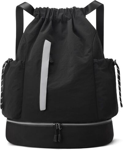 Drawstring Backpack for Men Women Water-Resistant Gym Bag with Shoe Compartment Lightweight String Sport Sackpack for Basketball Soccer Swimming and Travel, Black in Kuwait