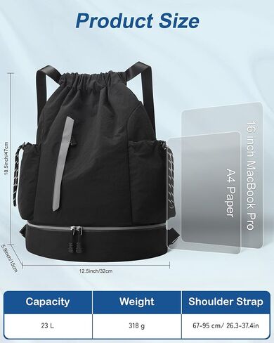 Drawstring Backpack for Men Women Water-Resistant Gym Bag with Shoe Compartment Lightweight String Sport Sackpack for Basketball Soccer Swimming and Travel, Black in Kuwait