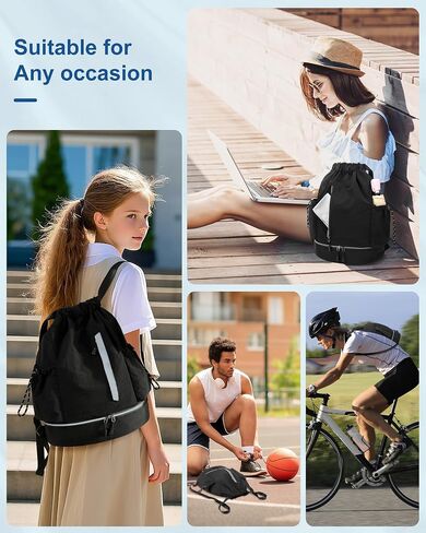 Drawstring Backpack for Men Women Water-Resistant Gym Bag with Shoe Compartment Lightweight String Sport Sackpack for Basketball Soccer Swimming and Travel, Black in Kuwait