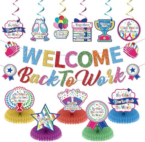 15pcs Welcome Back to Work Decorations for Office Colorful So Glad You're Back To Work Banner Hanging Swirls Balloons Pompoms for Office Work Anniversary Decor for Home, Office Party Supplies in Saudi Arabia
