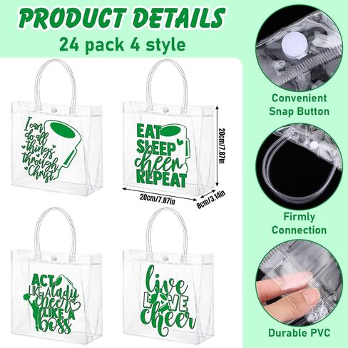 Kacctyen 24 Pcs Cheerleading Goodie Bags with Handles 8x8x3.15 Inch PVC Clear Cheer Tote Treat Bags Bulk for Snack Candy Cheerleader Camp Gifts for Cheer Team Birthday Party Favors in Saudi Arabia
