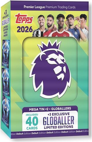 Topps Premier League 2026 - الإصدار الأول - Mega Tin (Globallers). تحتوي على 40 بطاقة بالإضافة إلى 3 بطاقات Globallers LE. in Saudi Arabia