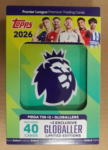 Topps Premier League 2026 - الإصدار الأول - Mega Tin (Globallers). تحتوي على 40 بطاقة بالإضافة إلى 3 بطاقات Globallers LE. in Saudi Arabia