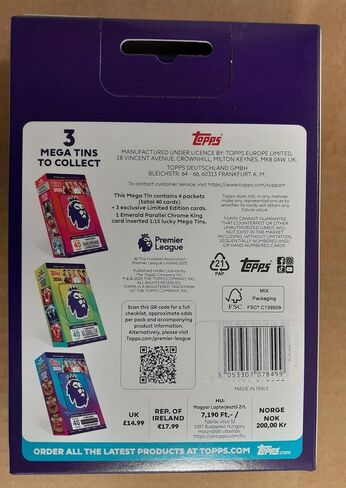 Topps Premier League 2026 - الإصدار الأول - Mega Tin (Globallers). تحتوي على 40 بطاقة بالإضافة إلى 3 بطاقات Globallers LE. in Saudi Arabia