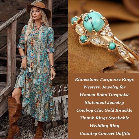 Turquoise Rings for Women Cowgirl Western Outfits Cowboy Chic Jewelry Rhinestone Gold Knuckle Thumb Rings Boho Stackable Western Wedding Ring Cowgirl Costume Accessories in Saudi Arabia