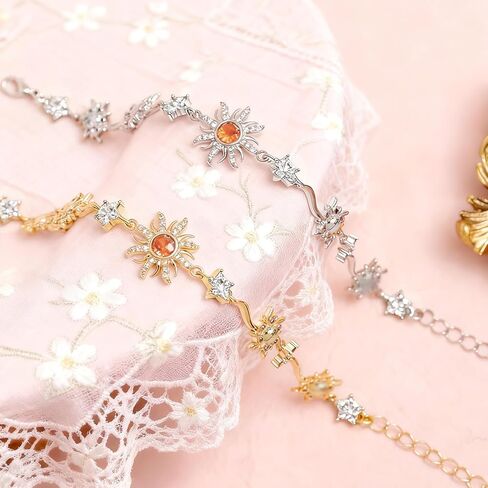 Gold Silver Sun Flower Link Bracelet for Women, Dainty Sparkly Colorful Crystal Rhinestone Floral Star Adjustable Box Chain Bracelets Prom Wedding Accessories Fashion Jewelry Gift in Kuwait