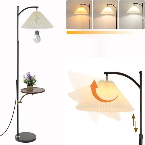 Floor Lamp with Table Industrial Adjustable Height Arc Floor Reading Lamp with Shelves End Table Floor Lamp for Living Room Arc Black Standing Reading Lamp with Tray for Bedroom Office (Black White) in Kuwait