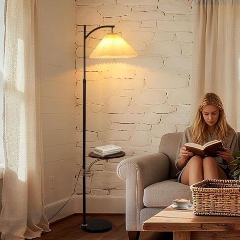 Floor Lamp with Table Industrial Adjustable Height Arc Floor Reading Lamp with Shelves End Table Floor Lamp for Living Room Arc Black Standing Reading Lamp with Tray for Bedroom Office (Black White) in Kuwait