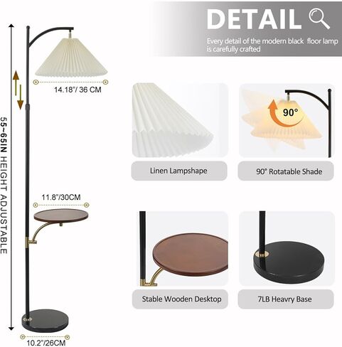 Floor Lamp with Table Industrial Adjustable Height Arc Floor Reading Lamp with Shelves End Table Floor Lamp for Living Room Arc Black Standing Reading Lamp with Tray for Bedroom Office (Black White) in Kuwait