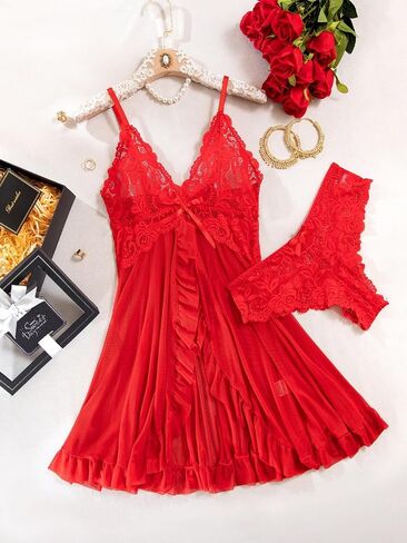 Sexy Open Front Ruffle Sheer Mesh Lace Wireless Babydoll Lingerie Dress with Thong 2 Piece in Saudi Arabia