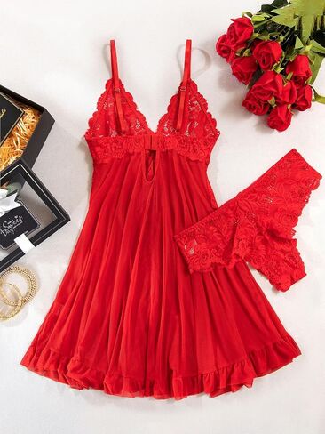 Sexy Open Front Ruffle Sheer Mesh Lace Wireless Babydoll Lingerie Dress with Thong 2 Piece in Saudi Arabia