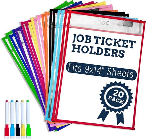 10 Colors Dry Erase Pockets Pack - Reusable Clear Plastic Sleeves & Heavy Duty Ticket Holders with 1 Dry Erase Marker Included, Durable Sheet Protectors for Classroom, Office & Shop Organization in Kuwait