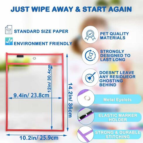 10 Colors Dry Erase Pockets Pack - Reusable Clear Plastic Sleeves & Heavy Duty Ticket Holders with 1 Dry Erase Marker Included, Durable Sheet Protectors for Classroom, Office & Shop Organization in Kuwait
